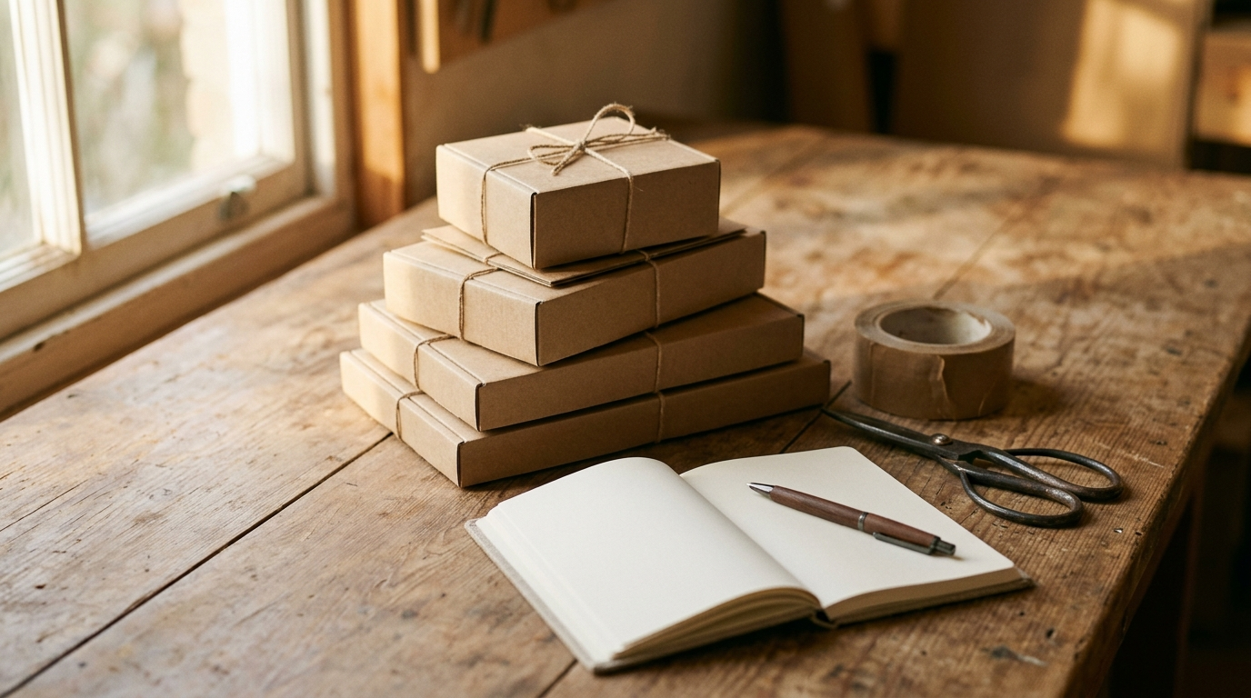 Table d'atelier avec cartons kraft neutres, rouleau d'adhesif et carnet, lumiere chaude