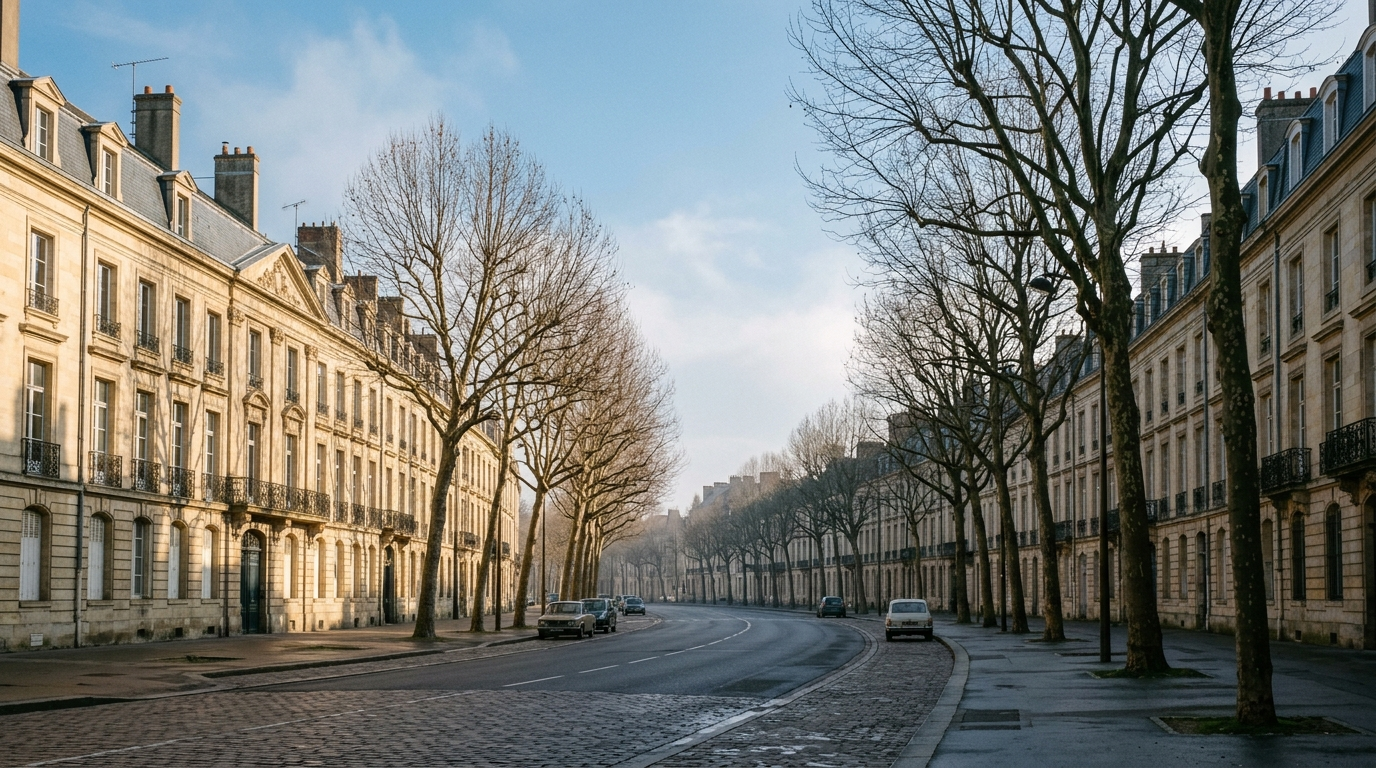 Grande avenue bordee de facades en pierre claire, soleil rasant d'hiver