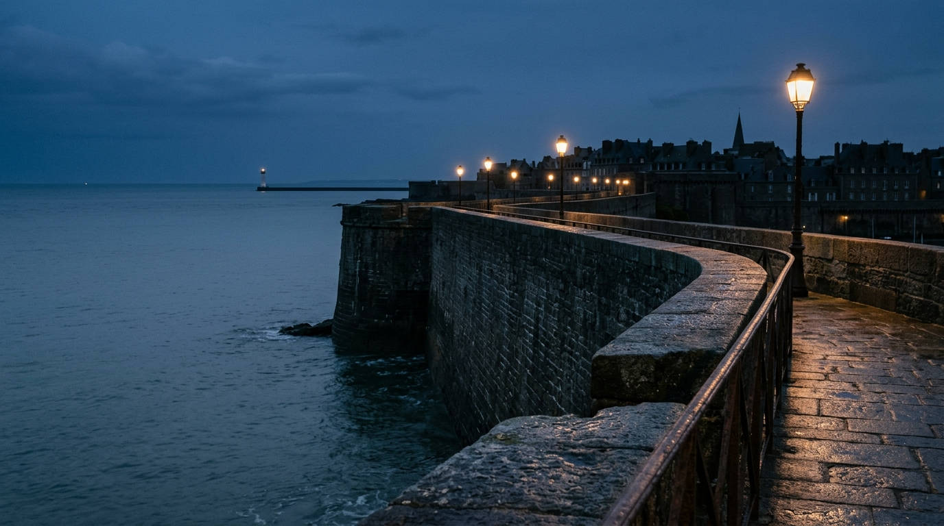 Remparts de granit face a la mer a l'heure bleue, maree haute