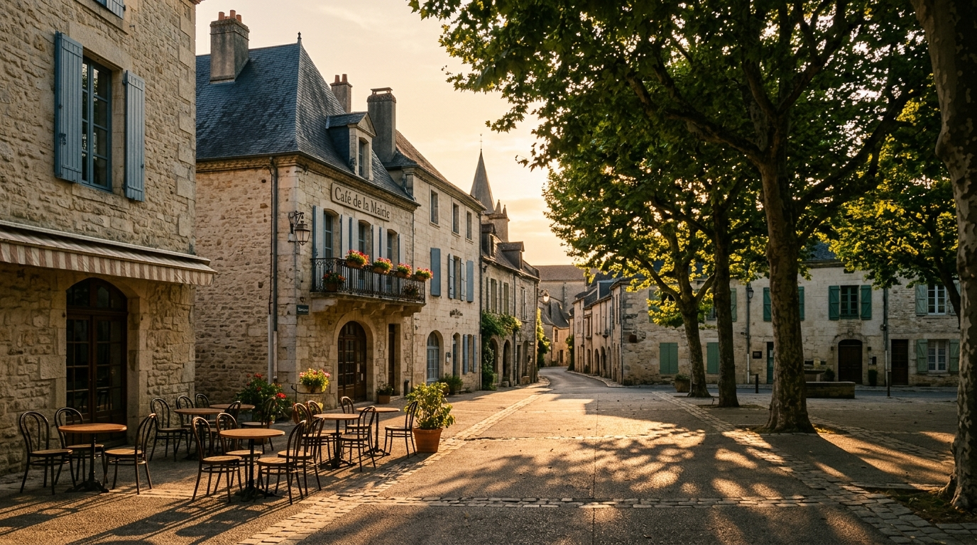 Place ombragee de platanes a l'heure doree, toits d'ardoise et facades claires