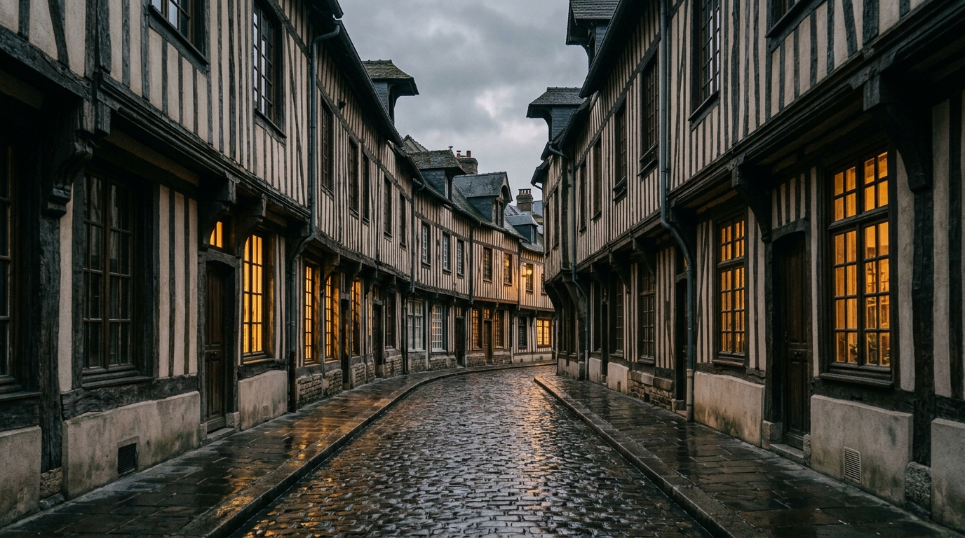 Rue de maisons a colombages apres la pluie, reflets chauds sur les paves