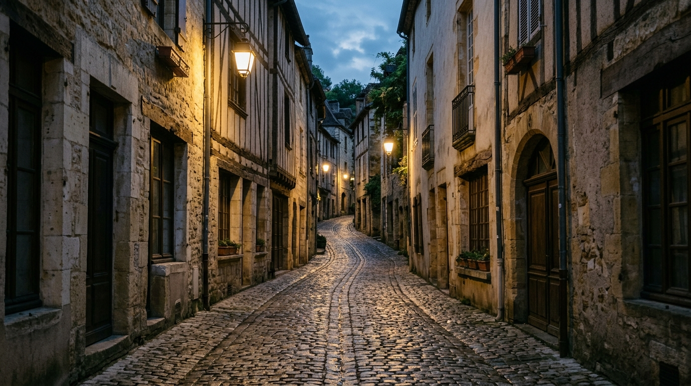 Ruelle pavee d'une vieille ville francaise le soir, lumiere chaude sur les facades