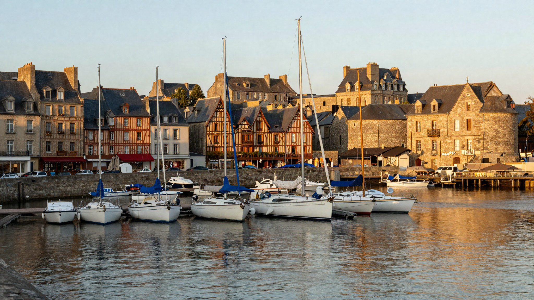 Port de Vannes a la lumiere doree, mats de voiliers et facades anciennes