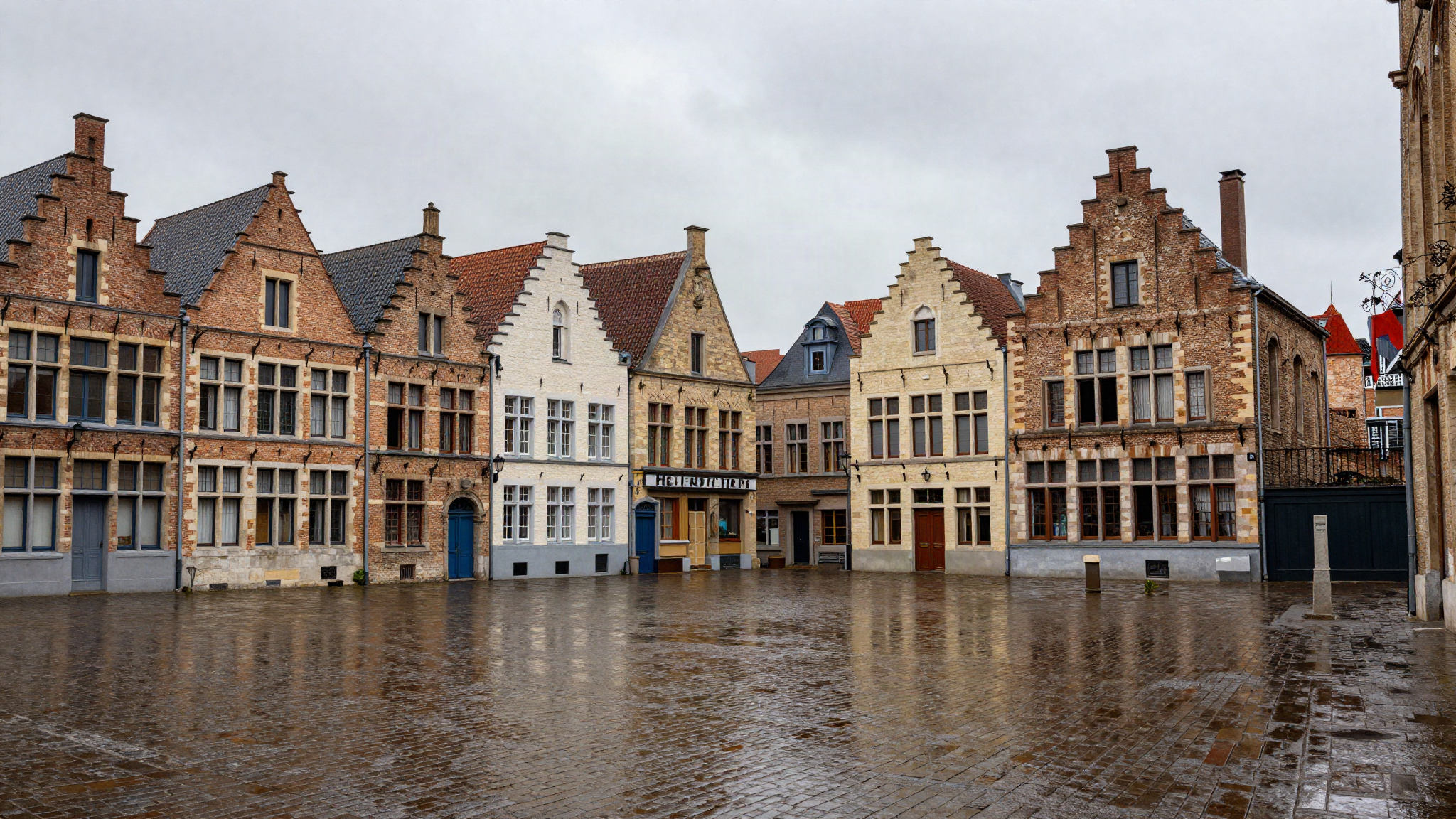 Facades a pignons flamands sur une place de Lille, paves mouilles apres la pluie