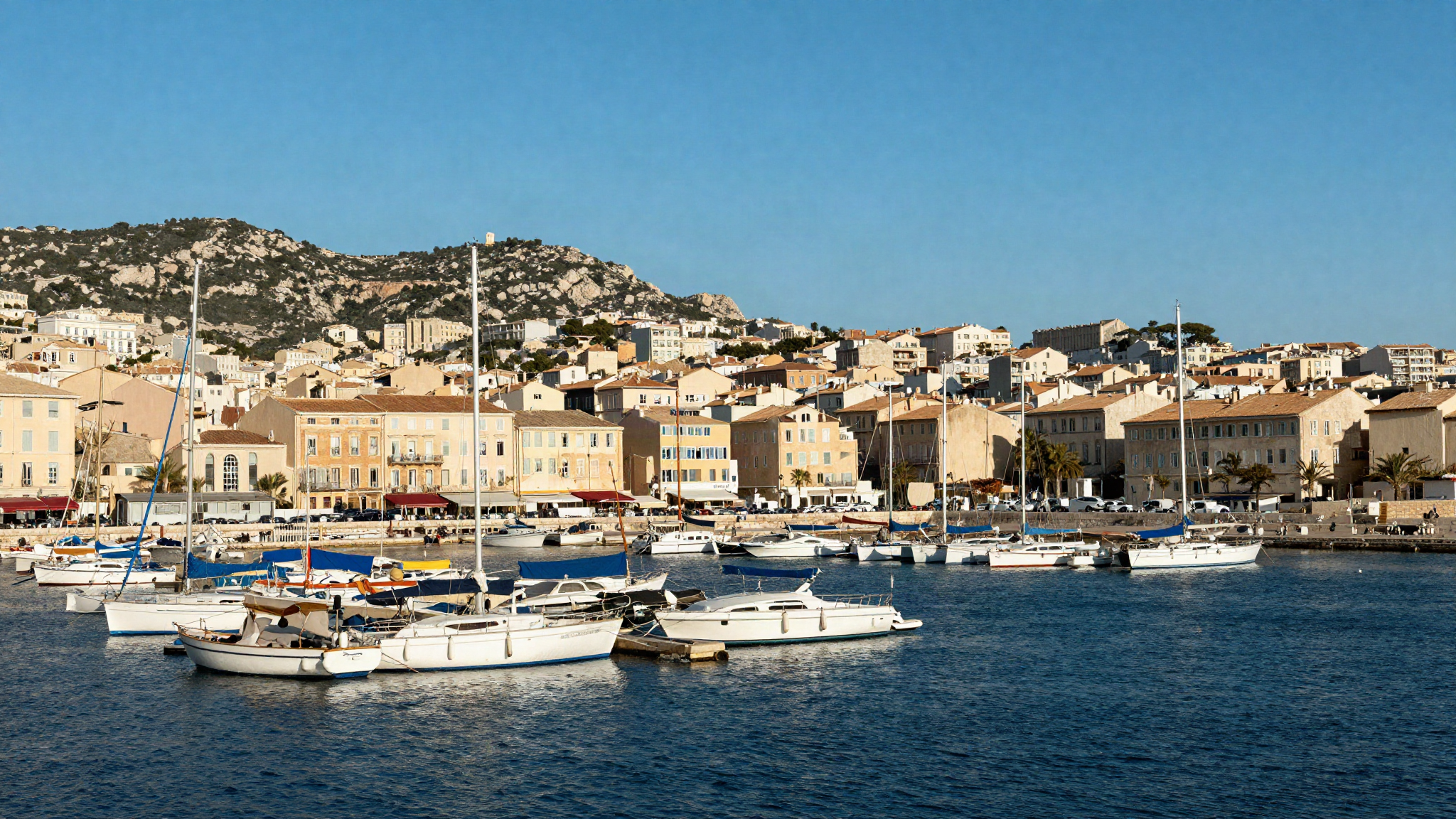 Vieux-Port de Marseille en fin d apres-midi, bateaux amarres et collines calcaires