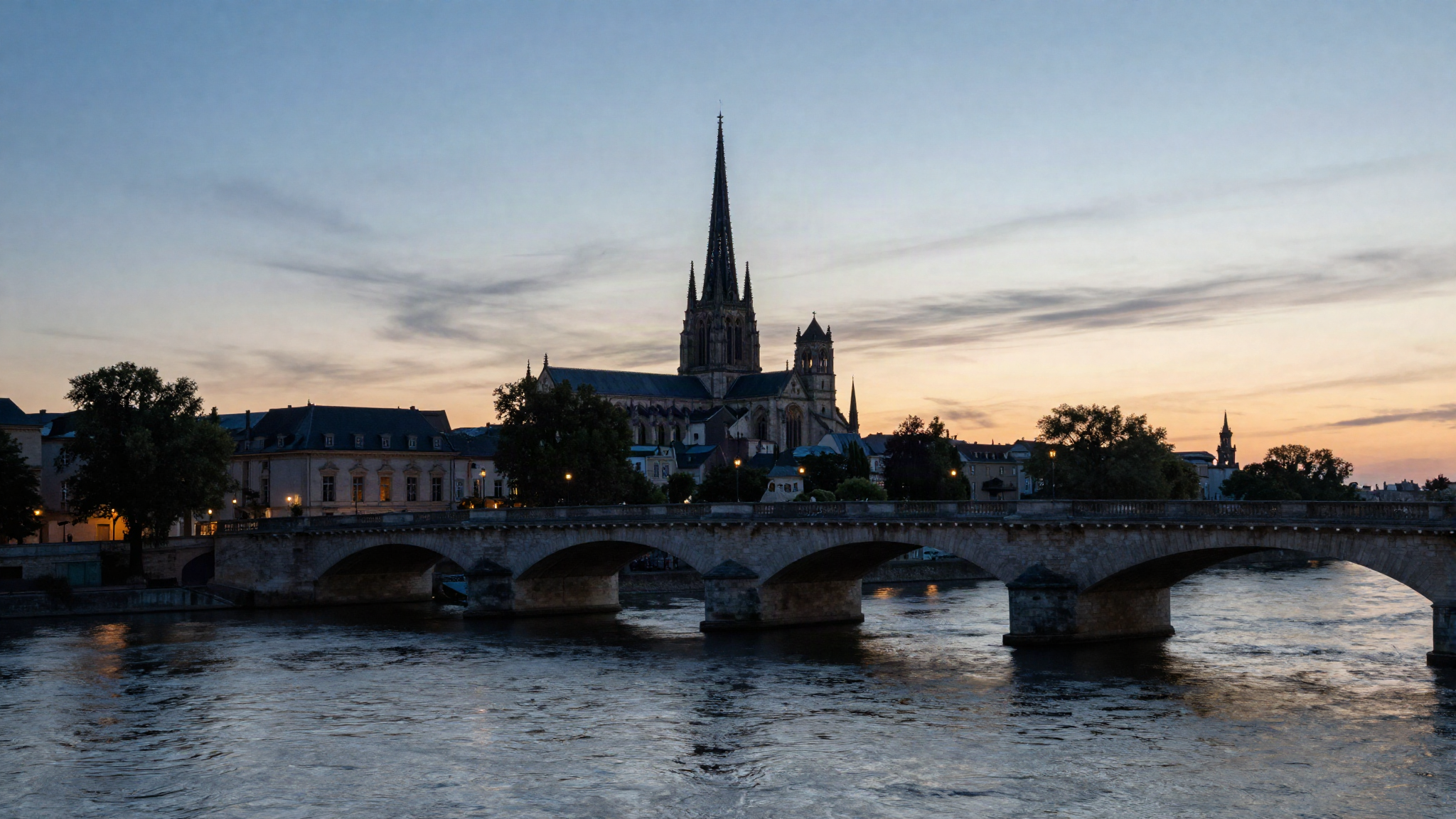 Bords de Loire a Orleans au crepuscule, arches de pont et fleches de la cathedrale