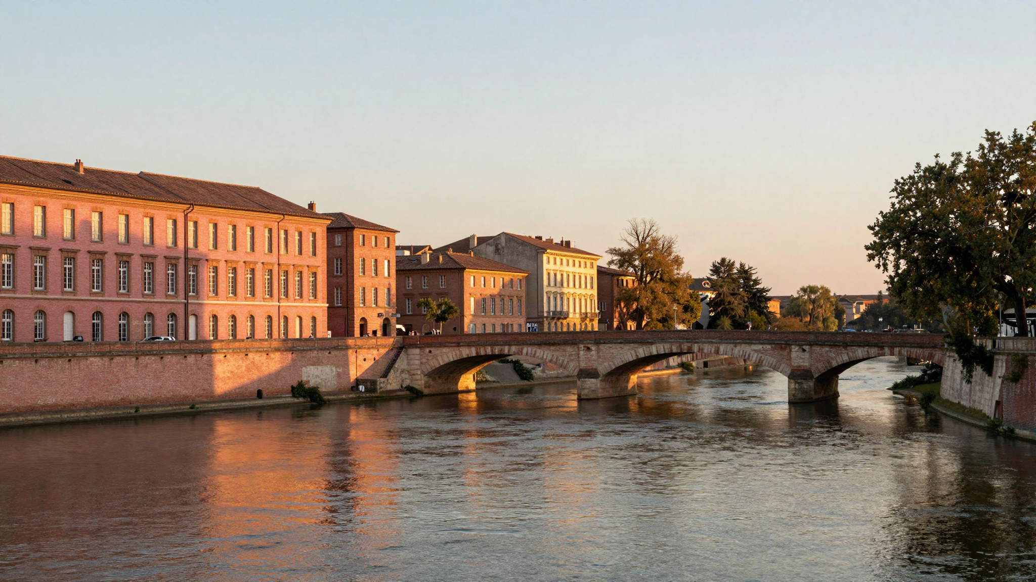 Facades de brique rose le long de la Garonne a Toulouse au coucher du soleil