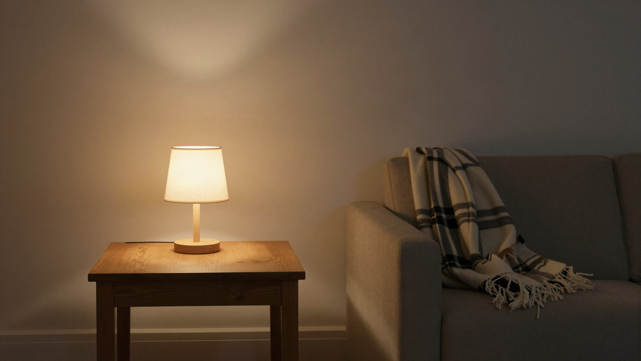 Salon calme au crepuscule, lampe chaude et plaid replie sur un canape