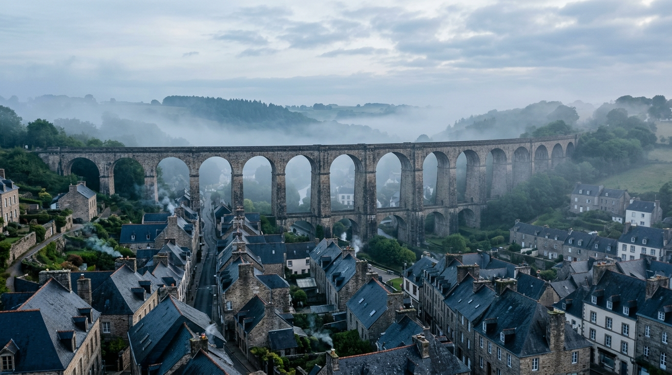 Viaduc de granit au-dessus des toits d ardoise d une ville bretonne dans la brume du matin