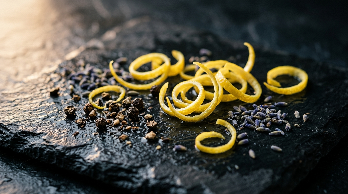 Zestes de citron et poivre concasse sur ardoise sombre, lumiere rasante