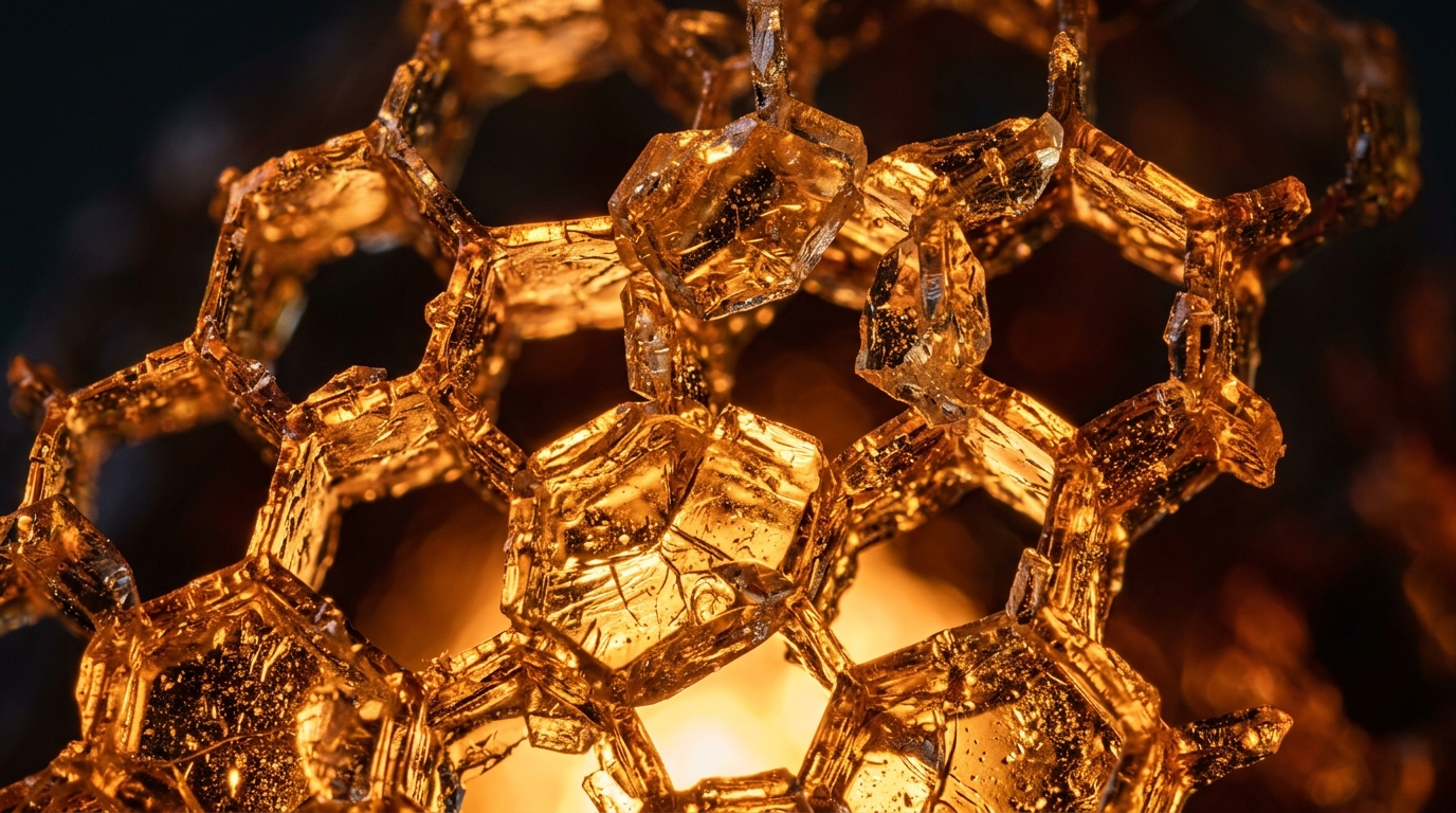 Texture cristalline doree et friable en macro, retroeclairee sur fond sombre