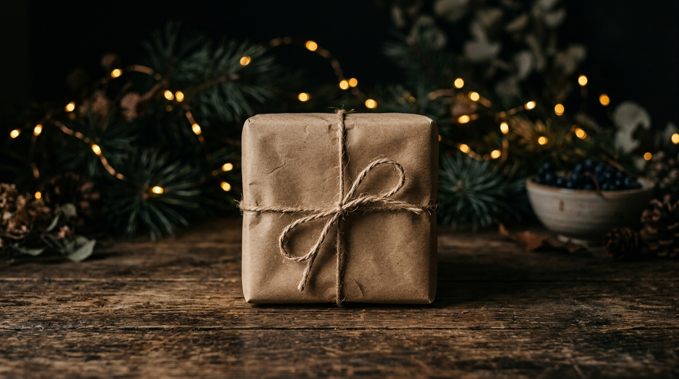 Colis en papier kraft ferme par une ficelle, branches de sapin et guirlande lumineuse en fond