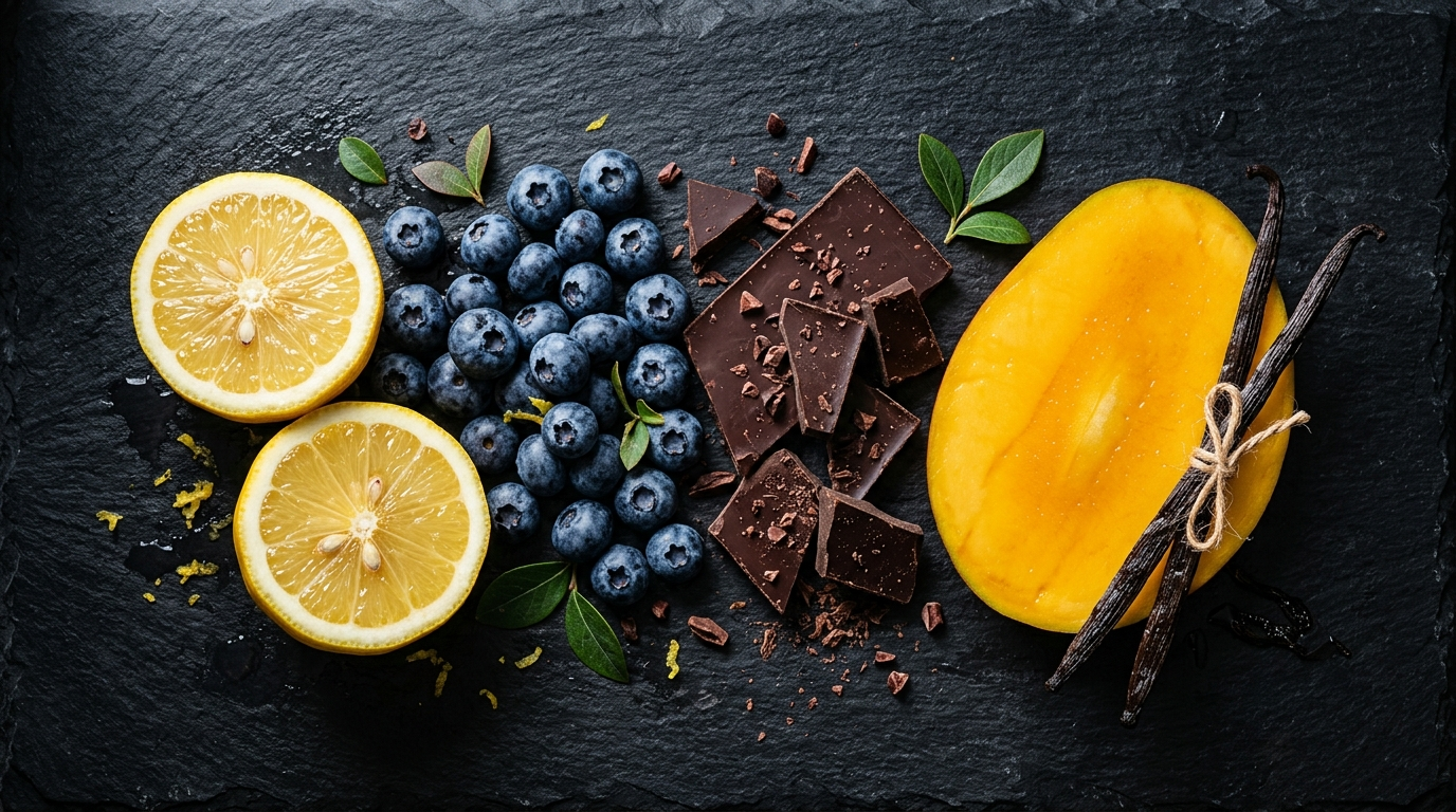 Citrons, myrtilles, eclats de chocolat noir et gousse de vanille disposes sur pierre sombre