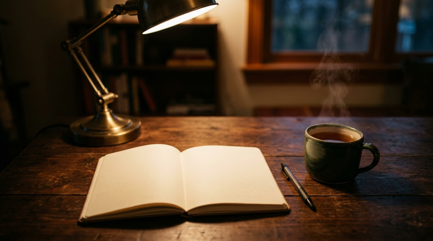 Carnet ouvert, stylo et tasse de tisane fumante sur un bureau en bois sombre