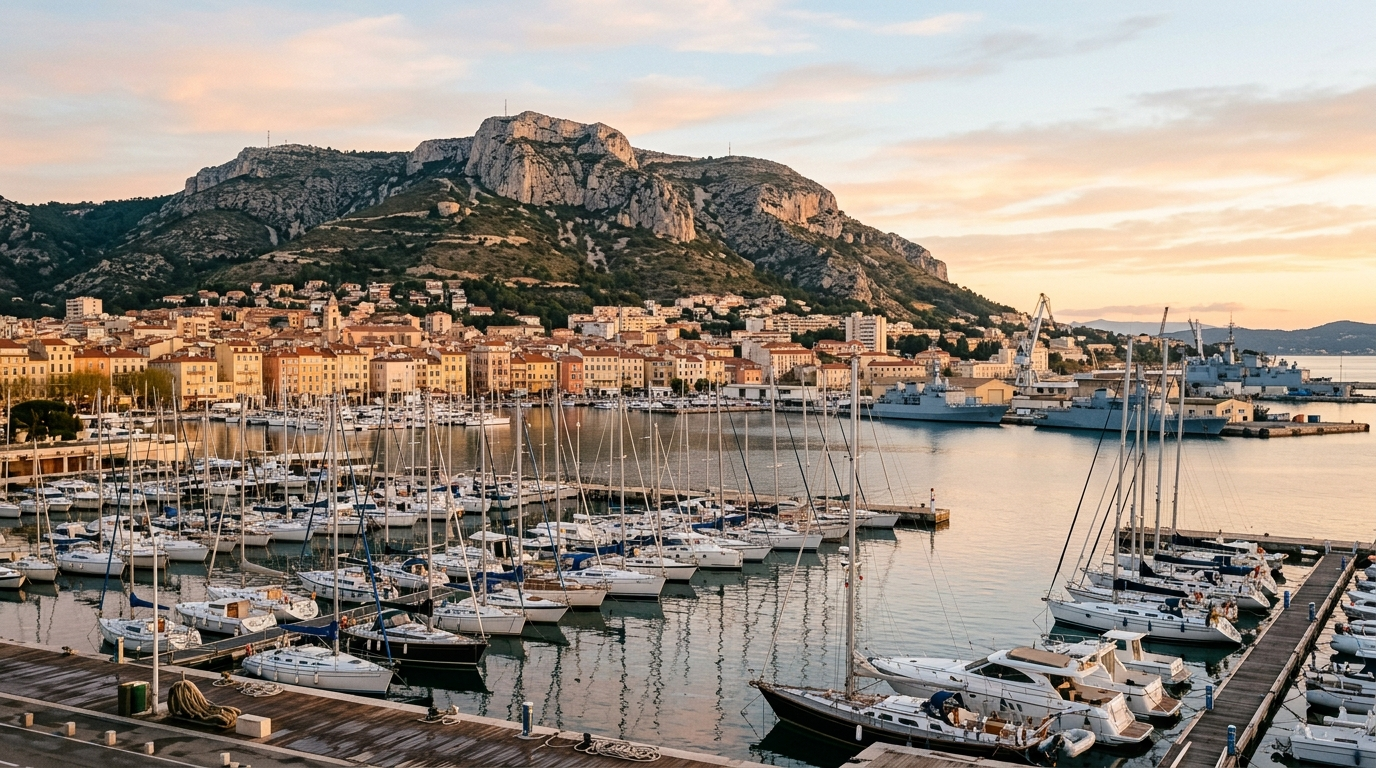Rade mediterraneenne au lever du soleil, bateaux amarres et colline calcaire en arriere-plan