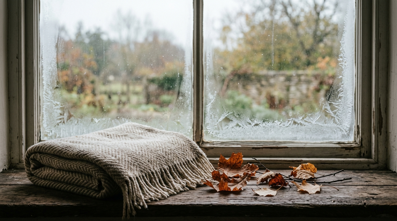 Appui de fenetre en bois, plaid de laine, feuilles seches et givre sur la vitre