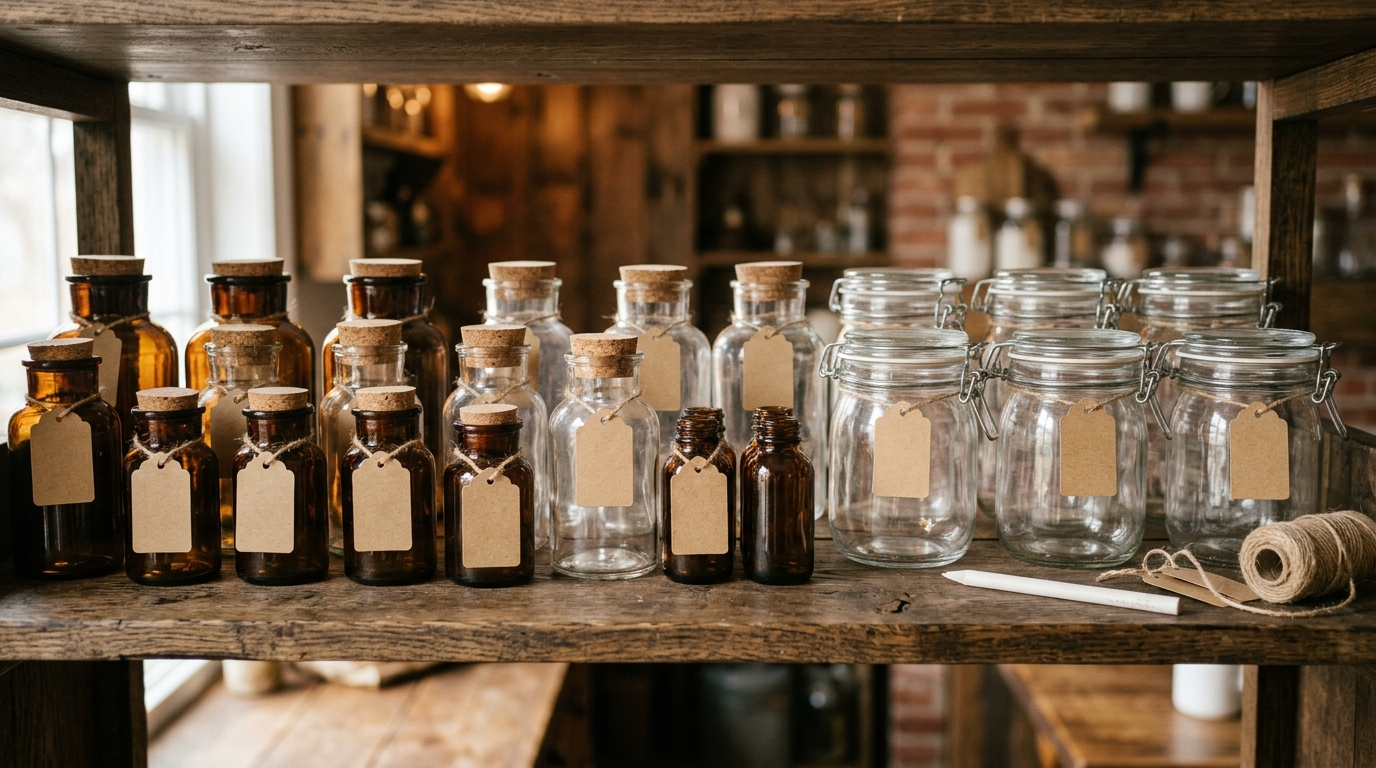 Étagère de bocaux en verre ambré et transparent avec des étiquettes kraft vierges