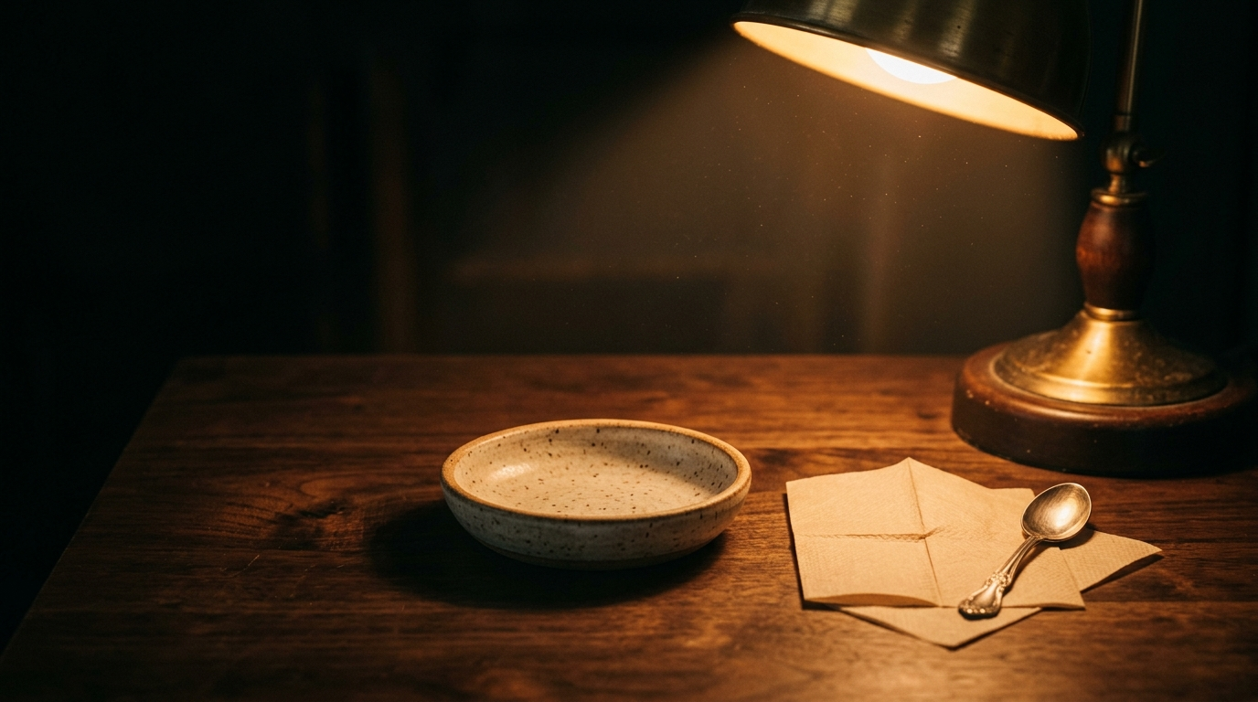 Petite coupelle en céramique et lampe de bureau allumée sur une table en noyer sombre