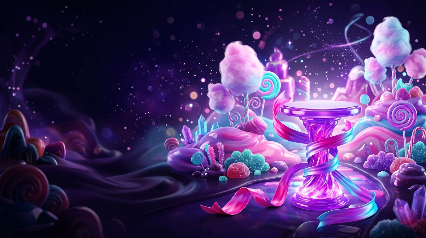 Socle glossy vide entouré d un ruban satiné dans un paysage candy-land rose, violet et cyan