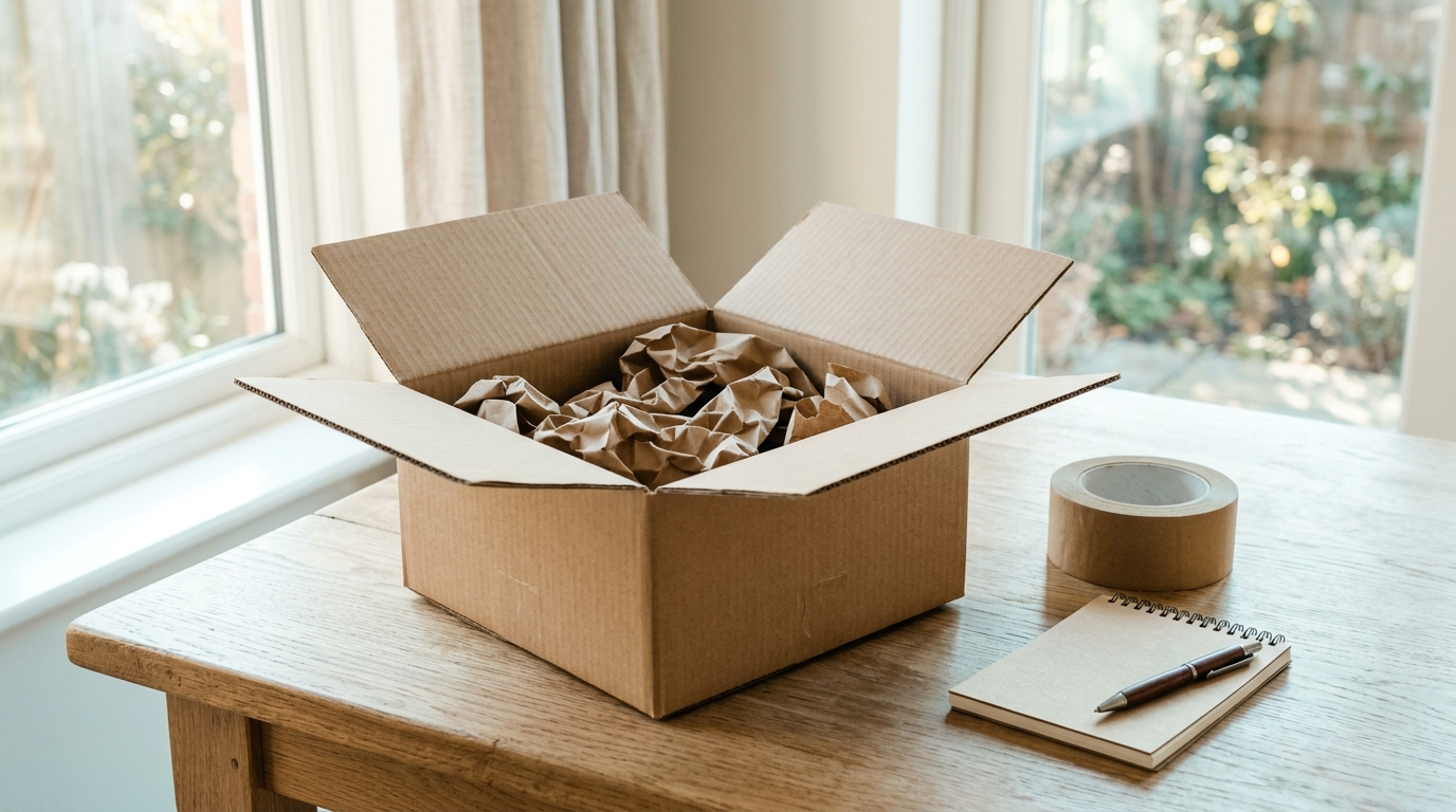 Carton d expédition kraft ouvert, rouleau d adhésif papier et bloc-notes sur une table en bois clair
