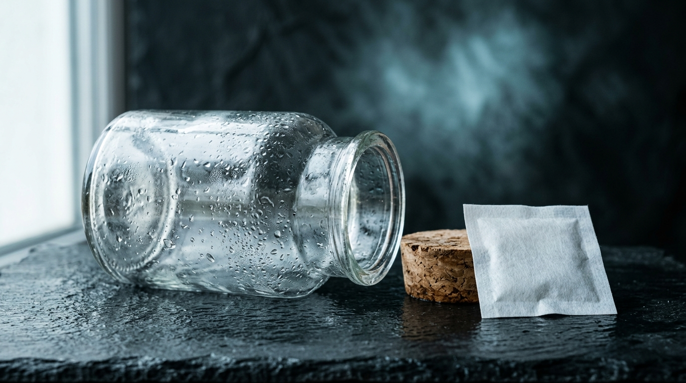 Bocal en verre ouvert et vide sur une ardoise sombre, à côté d un sachet régulateur d humidité