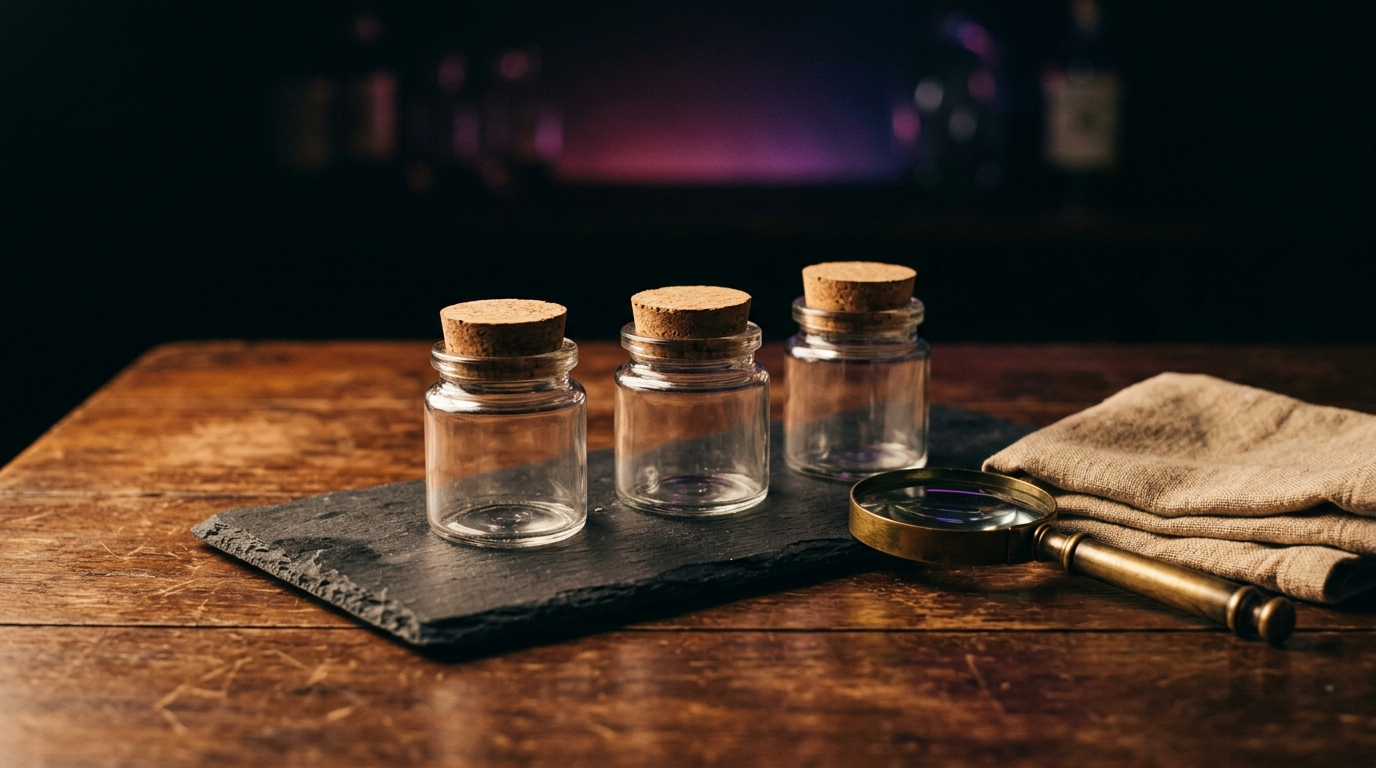 Plateau de dégustation, bocaux vides et loupe sur une table en noyer