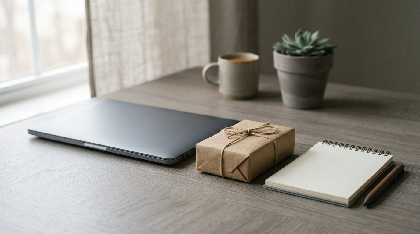 Ordinateur portable fermé sur un bureau à côté d’un petit colis en carton brun et d’un carnet vierge