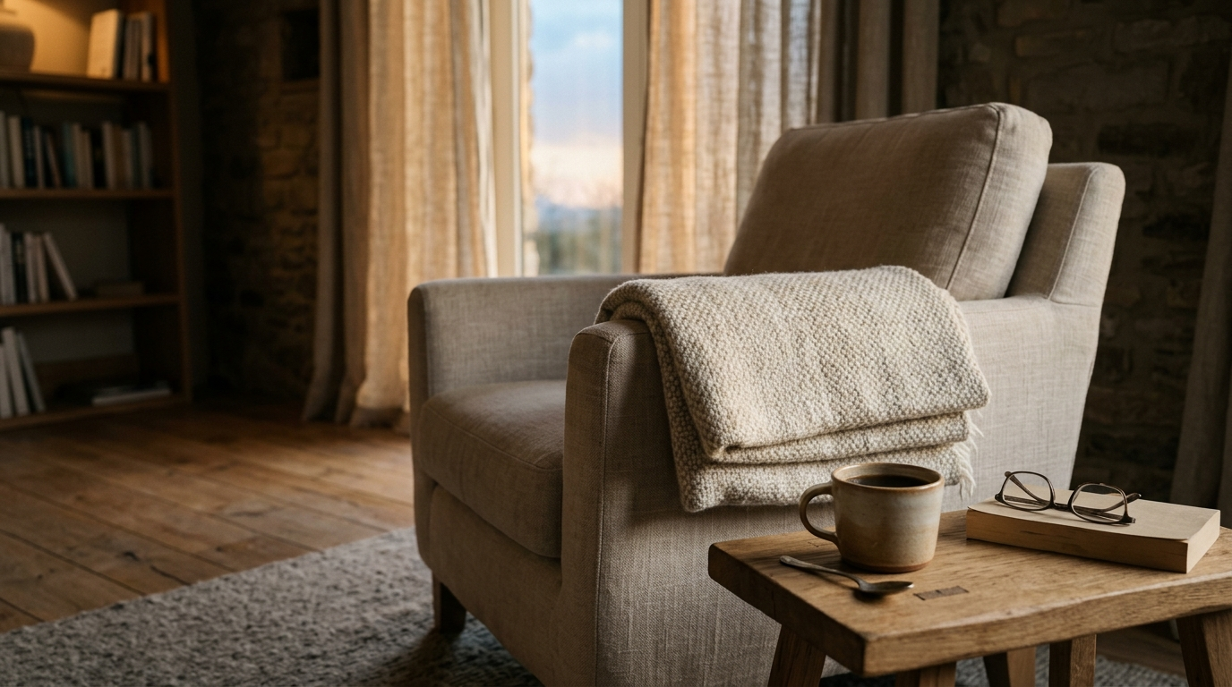 Un fauteuil en lin, un plaid plié et une tasse dans un salon éclairé au crépuscule