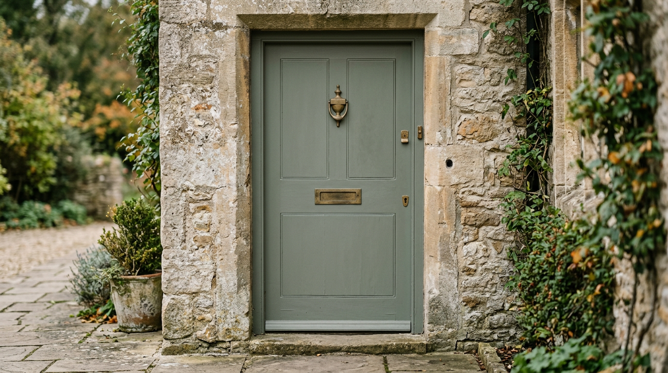 Porte en bois peinte fermée, heurtoir et fente à courrier en laiton, lumière du jour