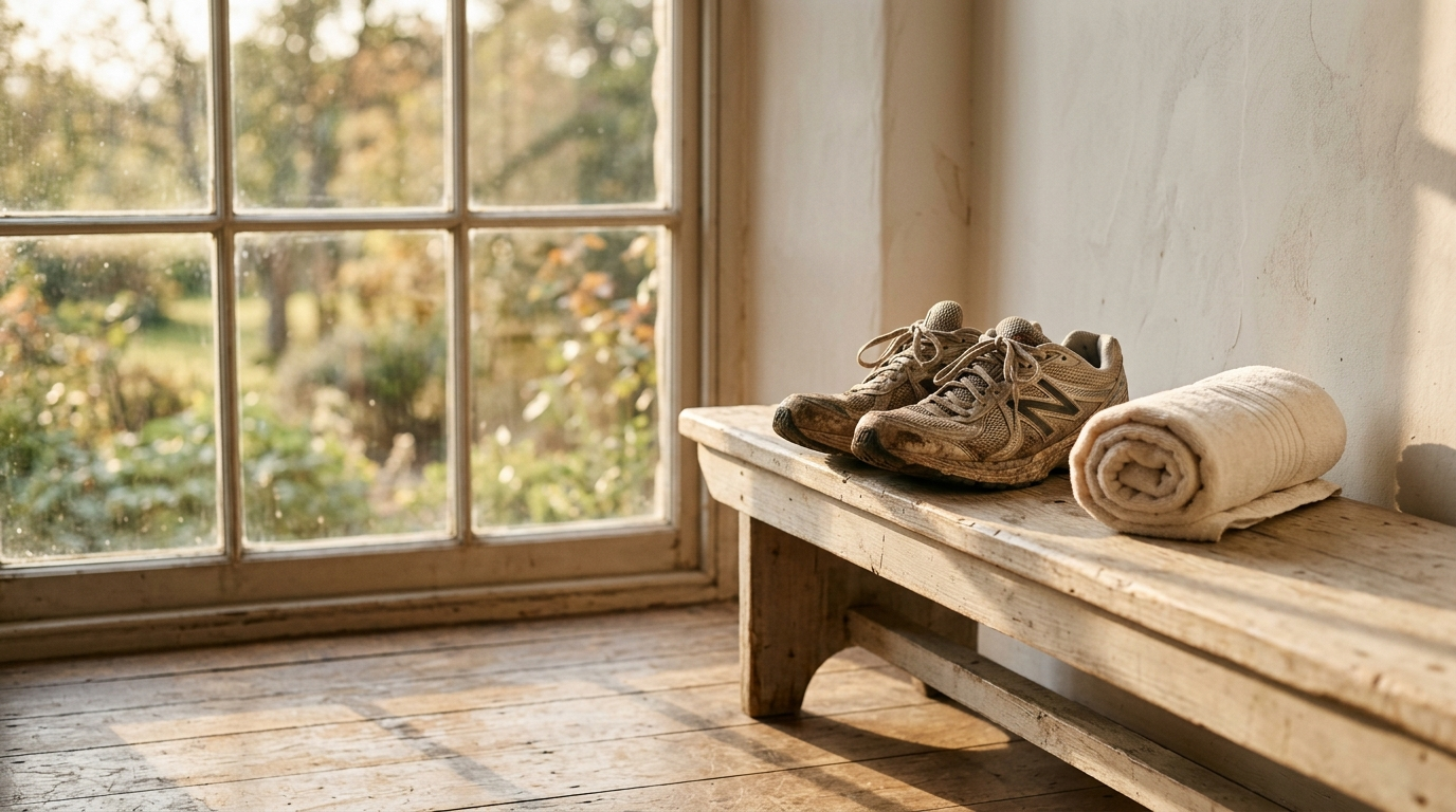 Paire de chaussures de course et serviette roulée sur un banc en bois près d’une fenêtre, lumière de fin d’après-midi