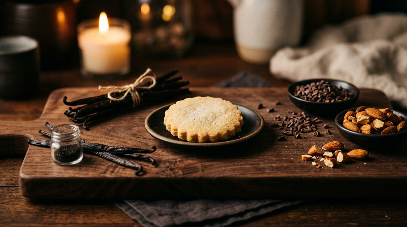 Gousses de vanille, un biscuit, éclats de cacao et amandes grillées sur une planche en noyer