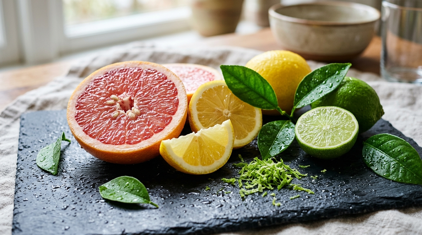 Citrons, pamplemousse coupé et feuilles d’agrumes sur une ardoise, lumière naturelle vive
