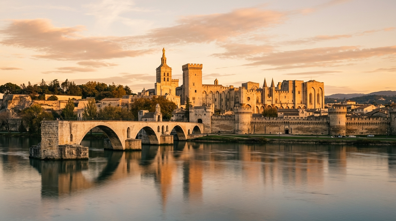 Le Rhône à Avignon avec le vieux pont de pierre et le Palais des Papes en arrière-plan, lumière du soir