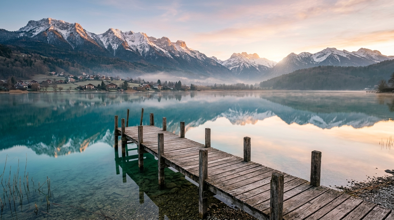 Lac d Annecy au lever du soleil, montagnes reflétées dans l eau calme, ponton en bois au premier plan