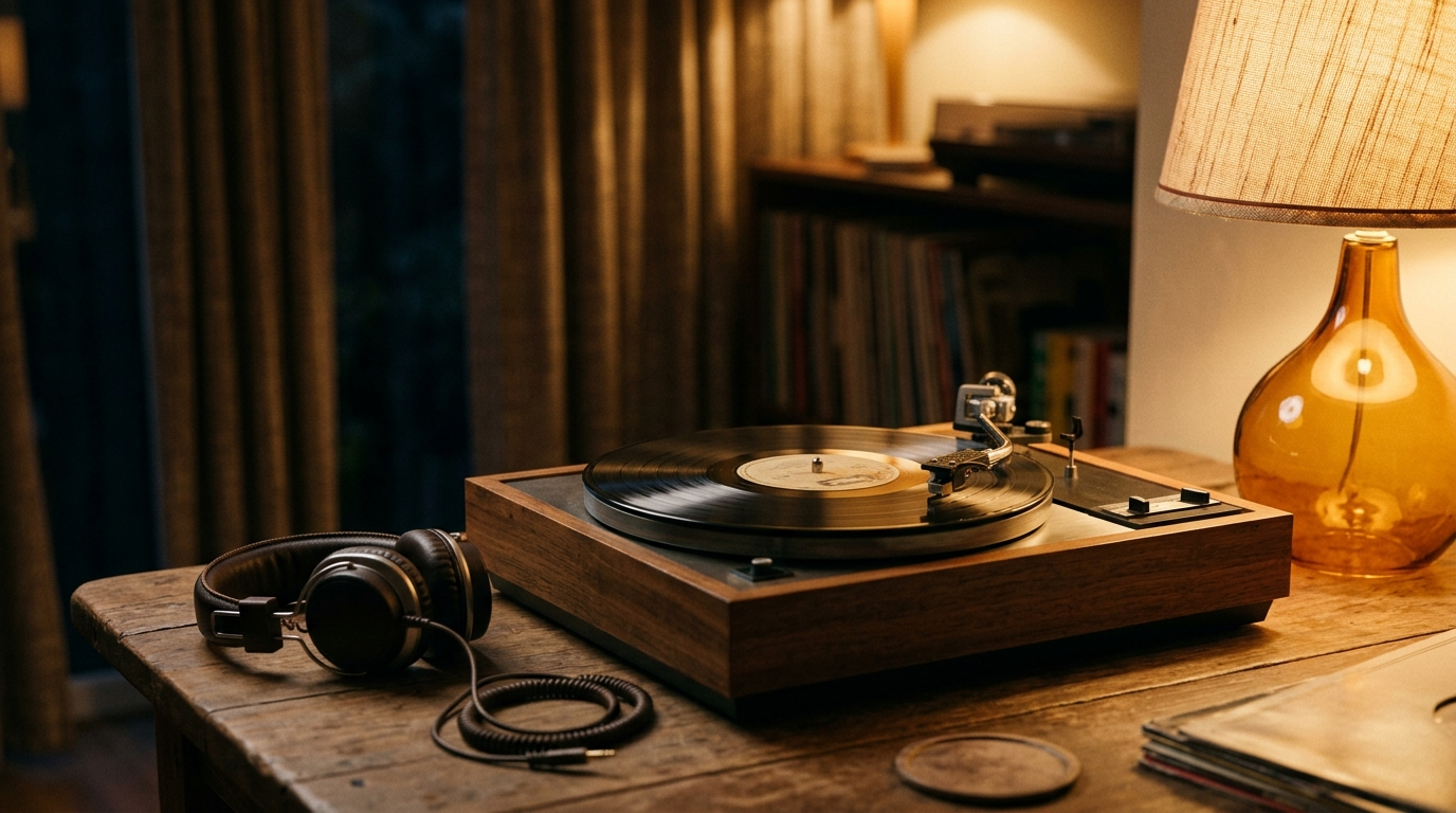 Platine vinyle et casque audio près d une lampe ambrée dans un salon, rideaux tirés