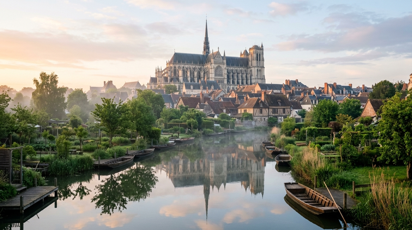Cathédrale gothique d Amiens au-dessus des toits, vue depuis les canaux des hortillonnages à l aube