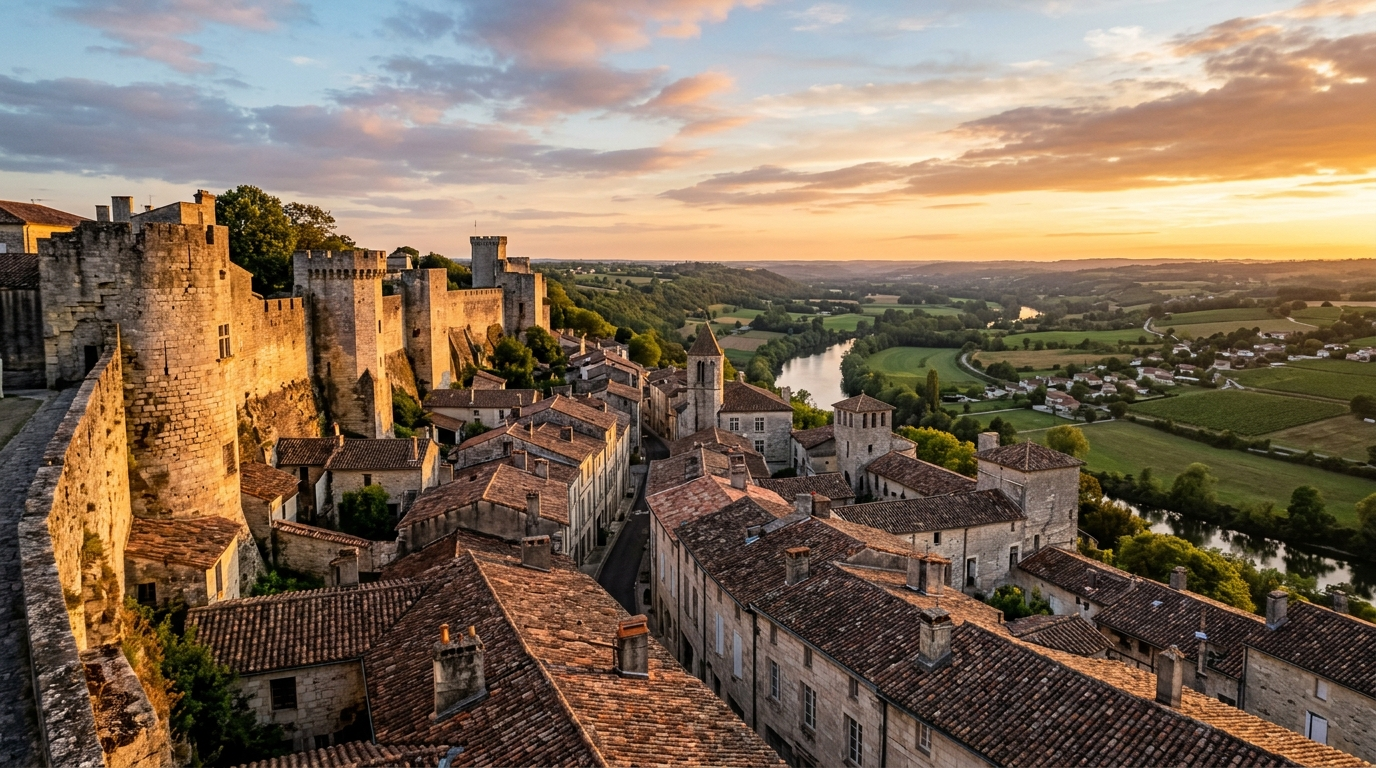 Remparts d Angoulême dominant la vallée de la Charente au coucher du soleil, toits de la vieille ville
