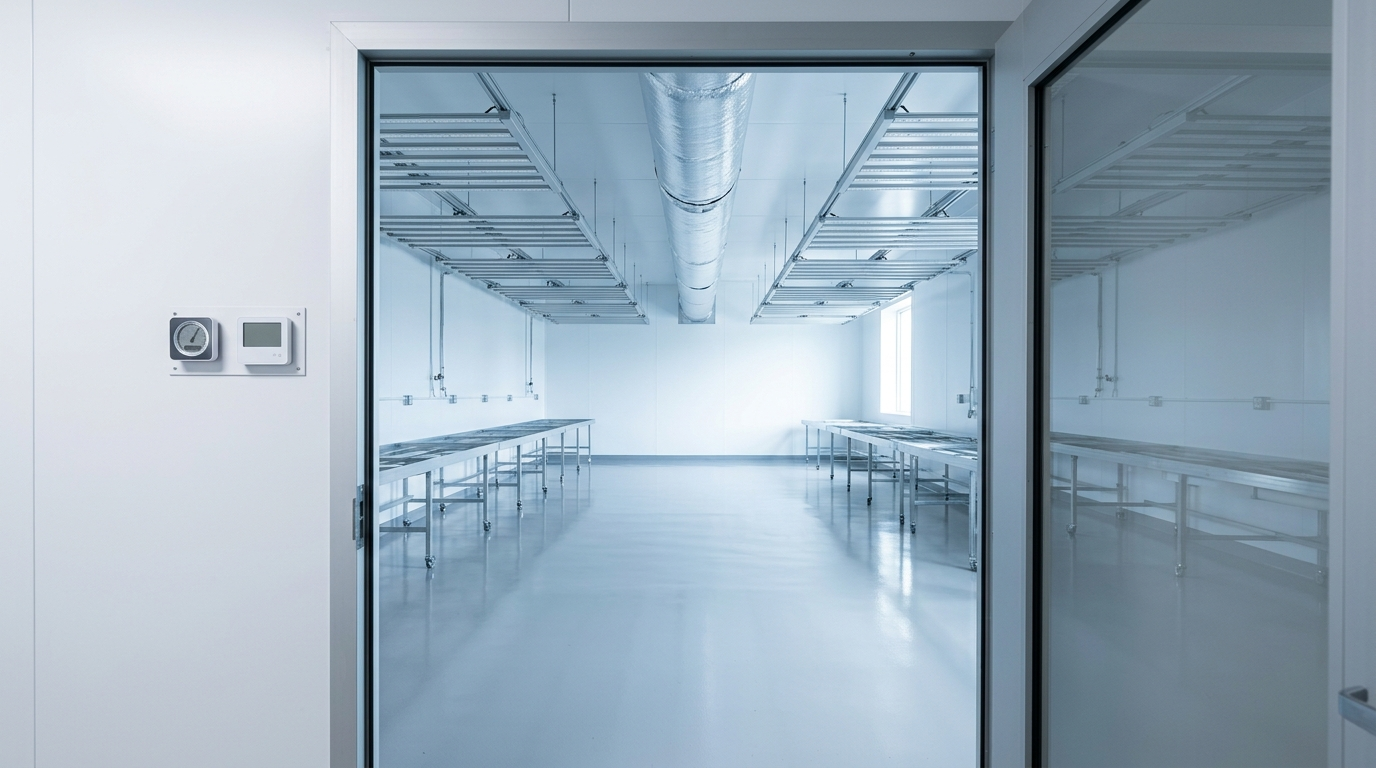 Salle de culture intérieure vide, rampes LED au plafond, hygromètre fixé au mur