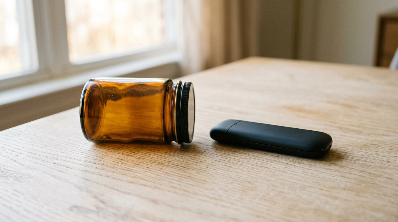Bocal en verre ambré fermé et petit appareil de poche noir mat posés côte à côte sur une table en chêne clair
