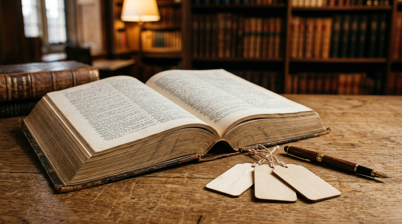 Dictionnaire ouvert sur un bureau en bois, trois étiquettes vierges et un stylo plume posés à côté