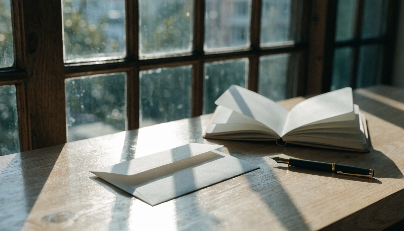 Enveloppe blanche vierge, stylo plume et carnet ouvert posés sur une table en bois clair près d une fenêtre