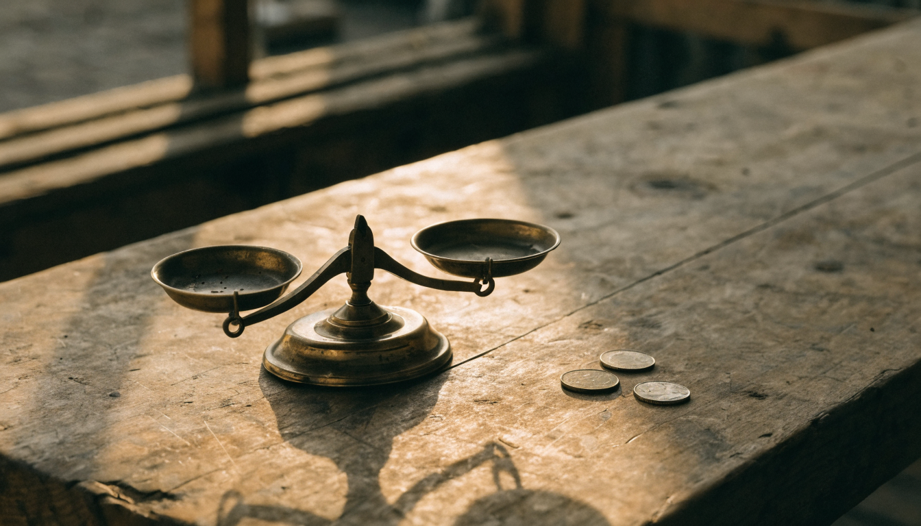 Petite balance ancienne en laiton et quelques pièces de monnaie posées sur un plan de travail en bois patiné