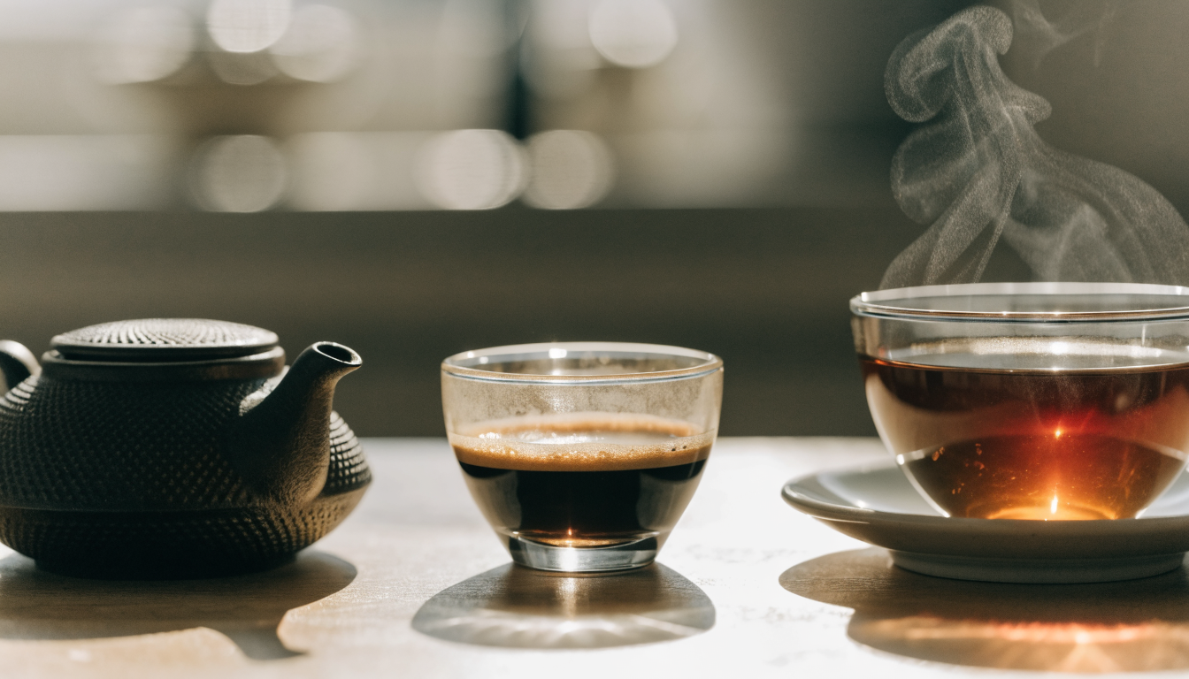 Théière en fonte, tasse d espresso et tasse de thé fumante sur une table en bois clair