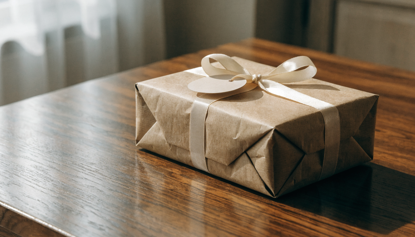 Paquet en papier kraft fermé par un ruban de satin avec une étiquette vierge, posé sur une table en noyer