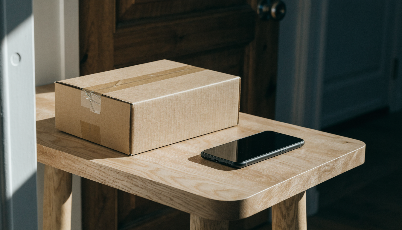 Smartphone à écran éteint posé à côté d un colis en carton kraft fermé sur une console en bois
