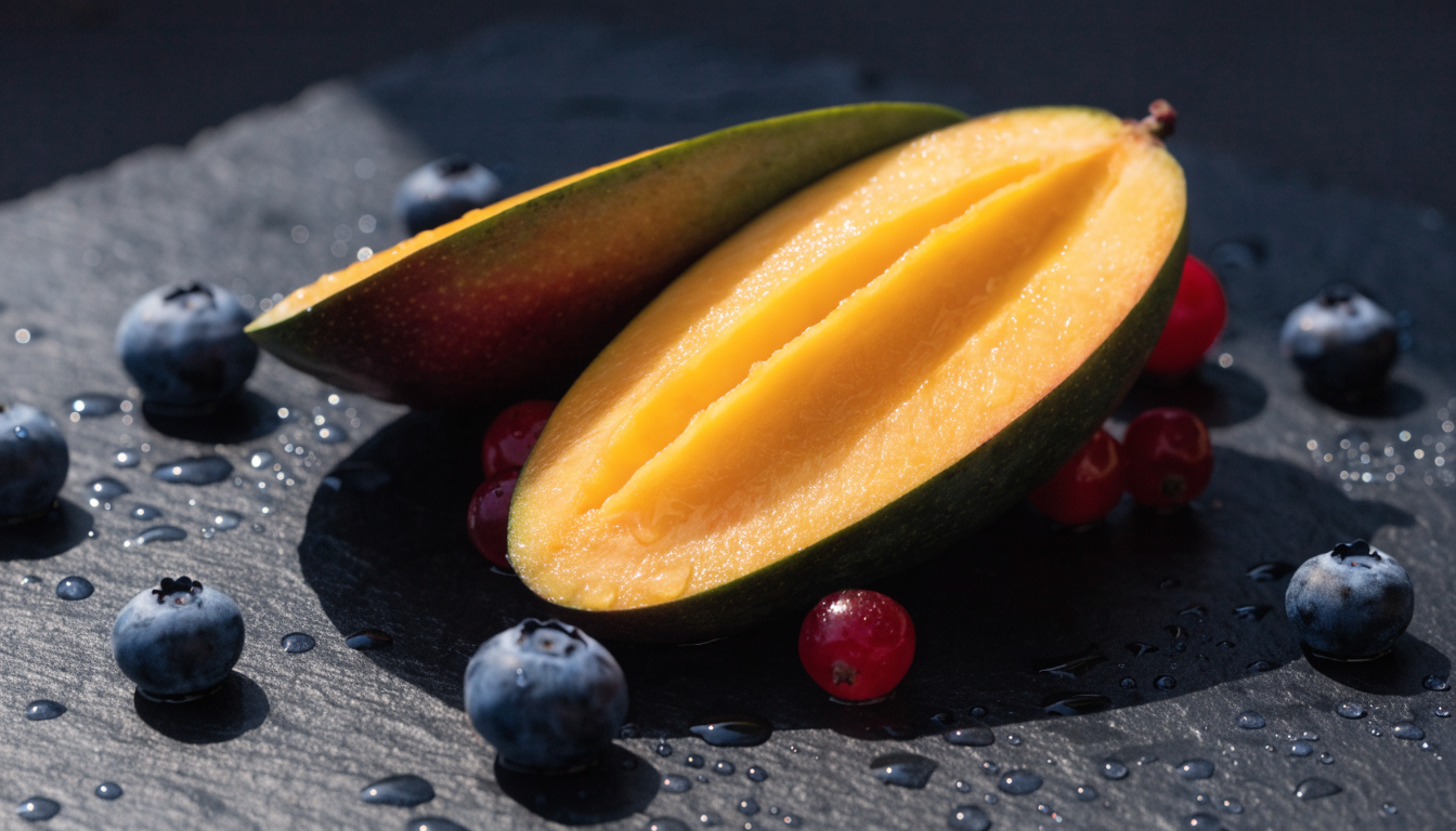 Mangue coupée en deux, myrtilles et fruits rouges disposés sur une ardoise sombre