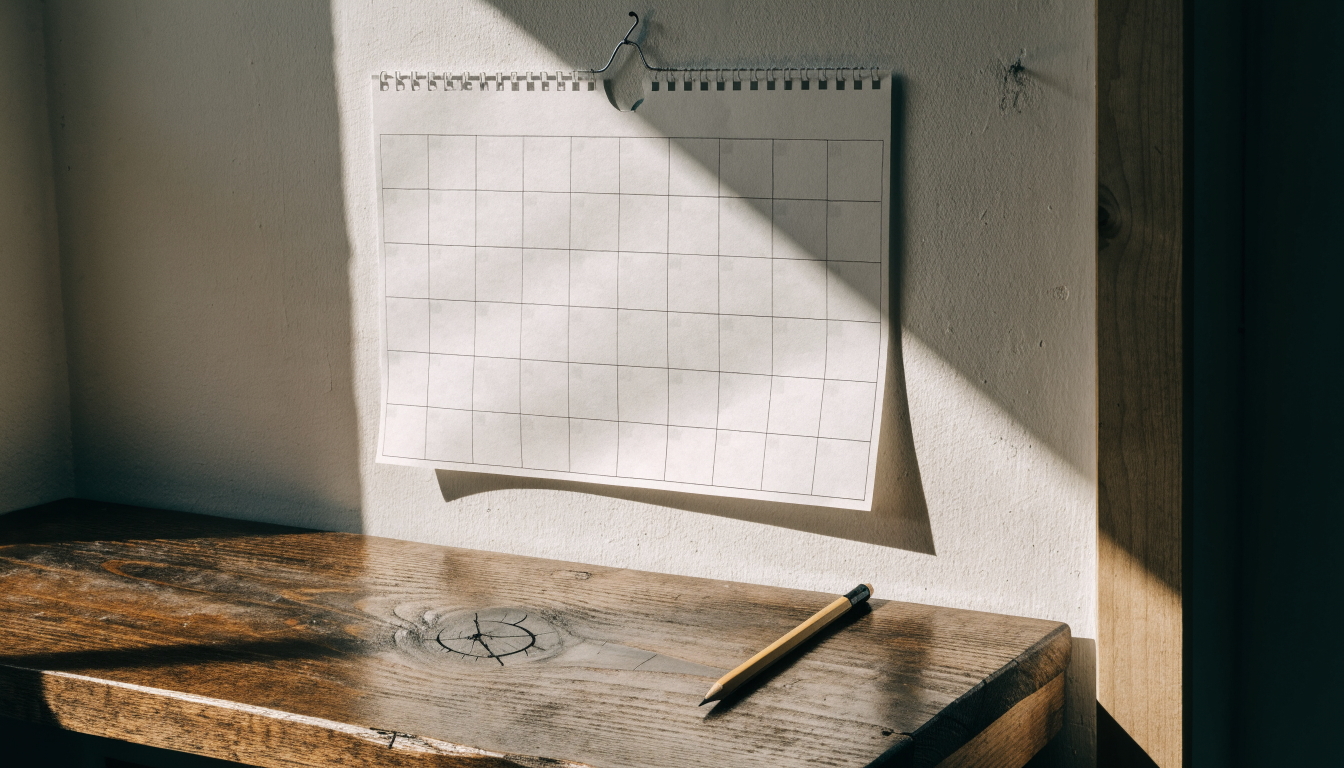 Calendrier mural en papier aux cases vierges au-dessus d un plan de travail en bois, crayon posé dessous