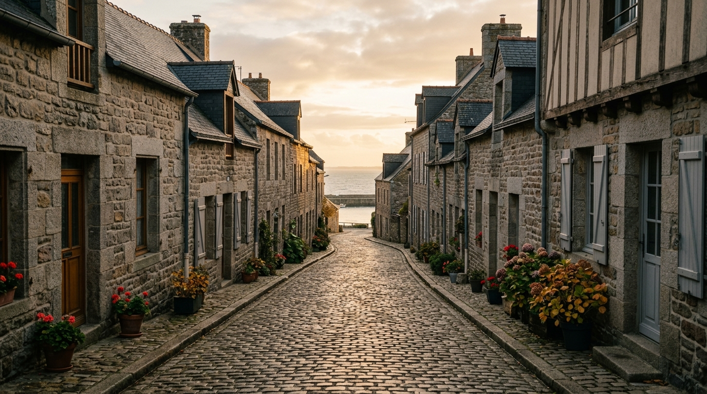 Rue pavée d’une petite ville bretonne en fin de journée, maisons de granit et lumière marine