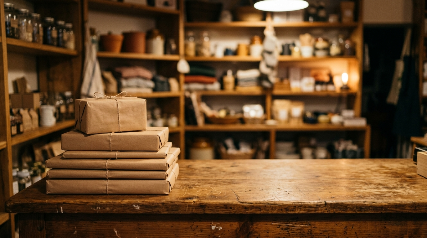 Comptoir en bois d’un commerce de quartier avec une pile de colis en carton brun
