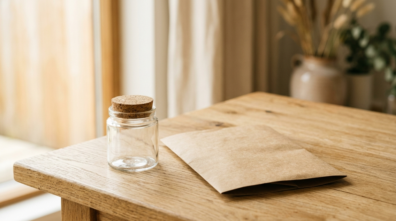 Petit bocal en verre à bouchon de liège et feuille de papier kraft pliée sur une table en chêne clair